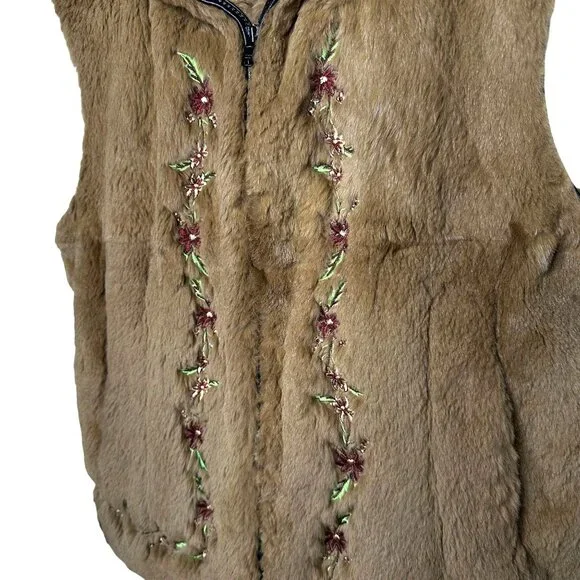 VTG SPI 25 Natural Lapin Rabbit Fur Vest L Double Zip Boho Cottagecore Layering